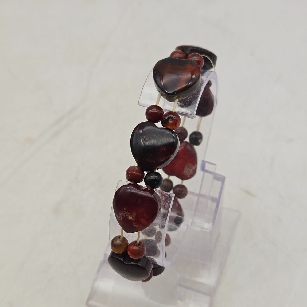 Vintage Red Agate Semi Precious Stone Heart Bead Bracelet Stretch